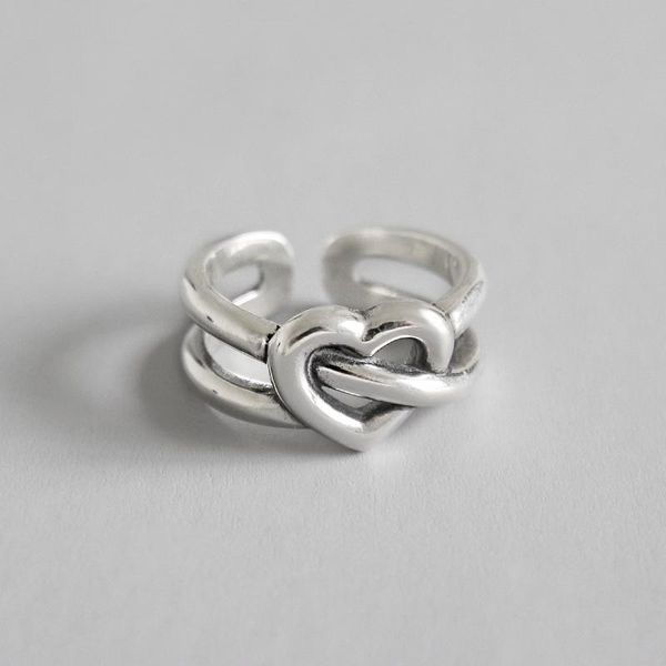 

cluster rings 1pc 100% authentic 925 sterling silver fine jewelry multi-layers /double rows love knot heart ring long wider band j86, Golden;silver