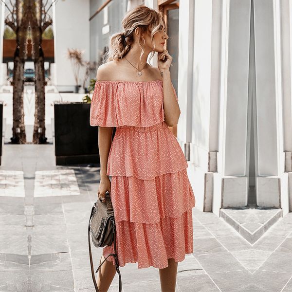 

2021 new ladies cascading ruffle dot print summer off the shoulder women elegant high wasit knee-length dress, Black;gray