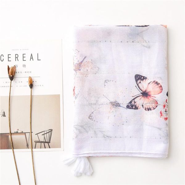 

scarves scarf early spring summer fresh white butterfly print sequined silk cotton gauze beach vacation, Blue;gray