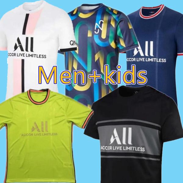 

21/22 messi mbappe soccer jerseys icardi verratti fourth jersey 2021 2022 marquinhos kimpembe di maria men kids kits socks full sets footbal, Black;yellow
