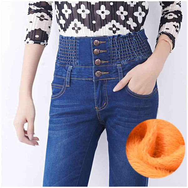 

jean autumn and winter jeans womens high waist elastic ny denim long pencil pants plus size 40 woman warm trousers, Blue