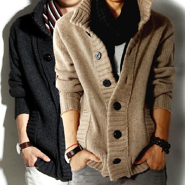 

men's hoodies & sweatshirts 2021 autumn and winter knit sweater solid color pirate button stand collar cardigan jacket men clothing, Black