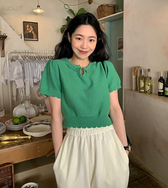 

korean chic french niche spring and summer simple loose thin versatile v-neck design short knitwear women's t-shirt, White