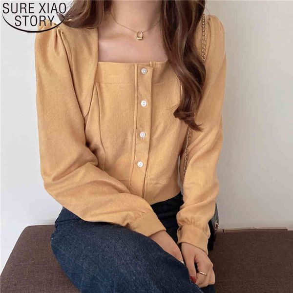 

casual sweet women blouse autumn fashion square collar single-breasted long sleeve shirt female korean blouses 12747 210417, White