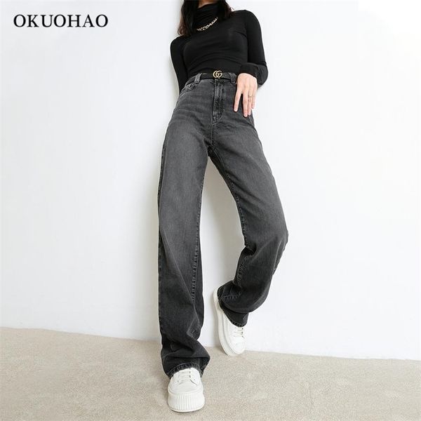 

women's casual denim pants high waisted wide leg jeans autumn winter tall instantly slims relaxed fit straight jean 210629, Blue