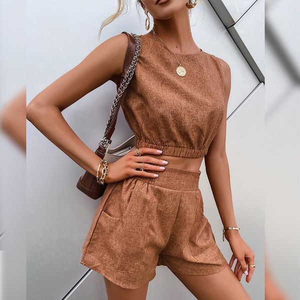 

women's tracksuits streetwear lady suits summer shorts 2 piece sets solid o-neck sleeveless crop elastic high waist short suit fashion, Gray
