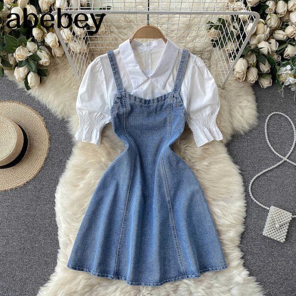 

women summer design turn down collar denim a line splice dress 210715, Black;gray