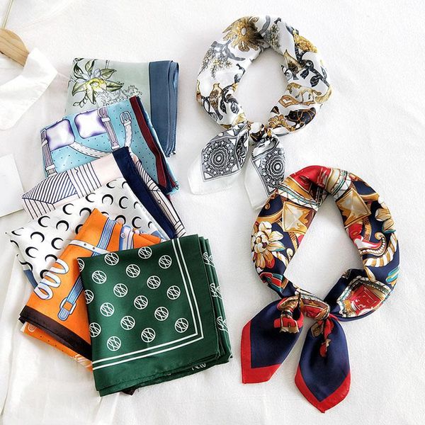 

scarves 70cm female bandana shawl diy hair tie band hijabs women foulard fashion print small neck scarf square silk, Blue;gray