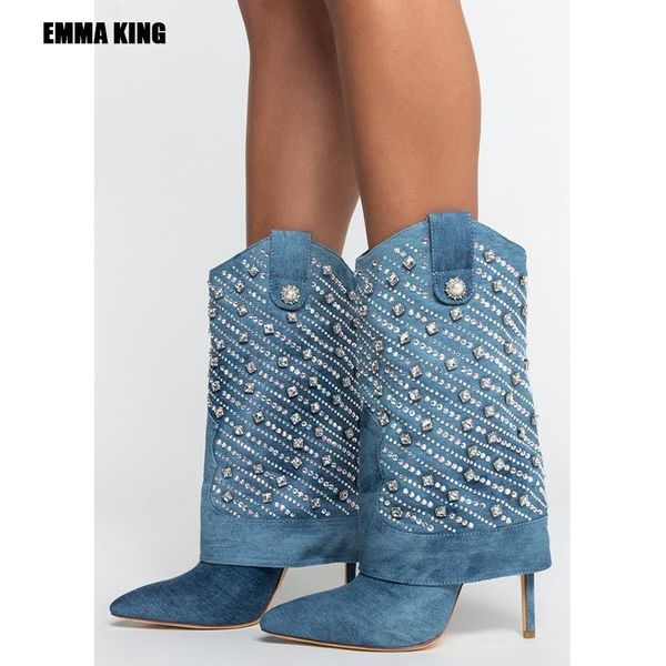

35-44 size women fashion mid-calf boots lady cowboy high heels spring bilngbling crystal decoration booties 2021, Black