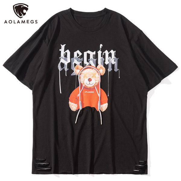 

men's polos aolamegs high-street male bear cartoon t-shirt print couple casual baggy hip hop ster hole streetwear summer, White;black