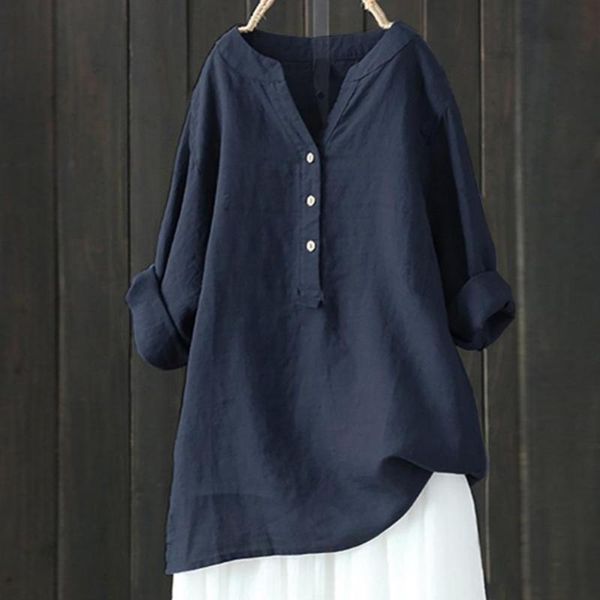 

women's blouses & shirts casual solid color linen blouse women autumn summer v neck long sleeve shirt lady loose blusa pullove plus si, White