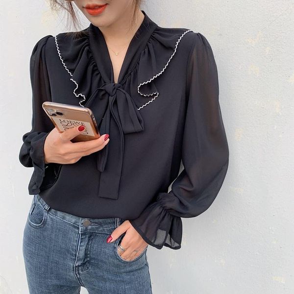 

office ladies blouses shirts 2021 korean style casual loose v-neck lace-up chiffon blouse female black summer my1880 women's &, White