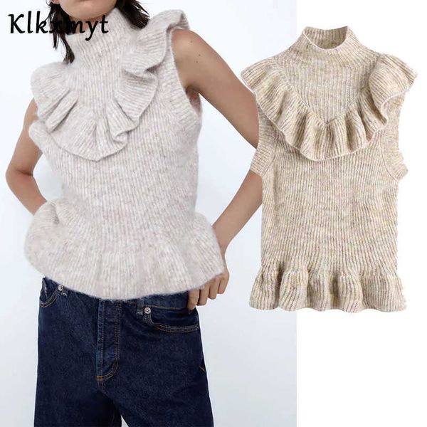 

klkxmyt za women fashion laminated decoration knitted vest sweater vintage turtleneck sleeveless female waistcoat chic 210527, Black;white