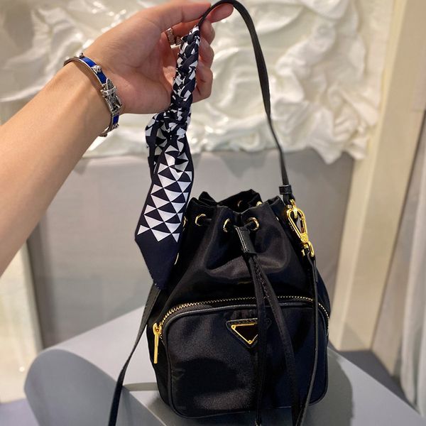 

designer nylon bucket bag ladies small handbag mini tote women shoulder crossbody bags with ribbon and box size 20cm