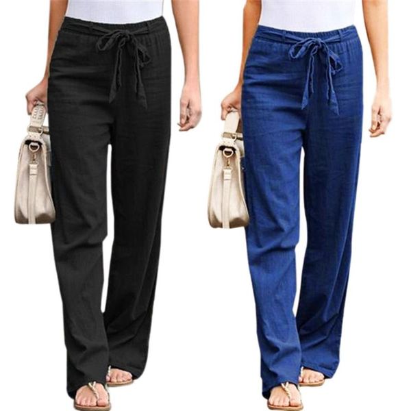 

women's pants & capris 2 pcs elastic waist solid color cotton and linen wide-leg loose trousers l size, black blue, Black;white