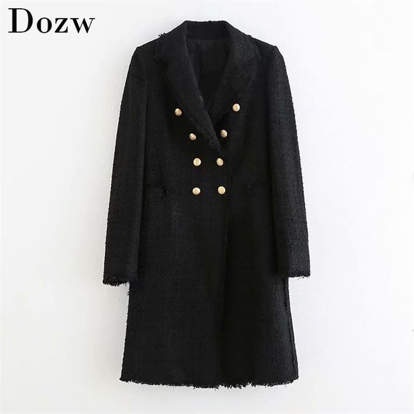 

women double breasted elegant black blazers long sleeve notched collar mid length button fashion office chaqueta mujer 210515, White;black