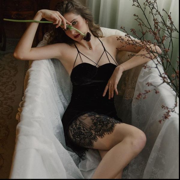 

black pink lingerie velvet women sleepwear nightgown lace temperament dress beauty back womens sleeping, Black;red