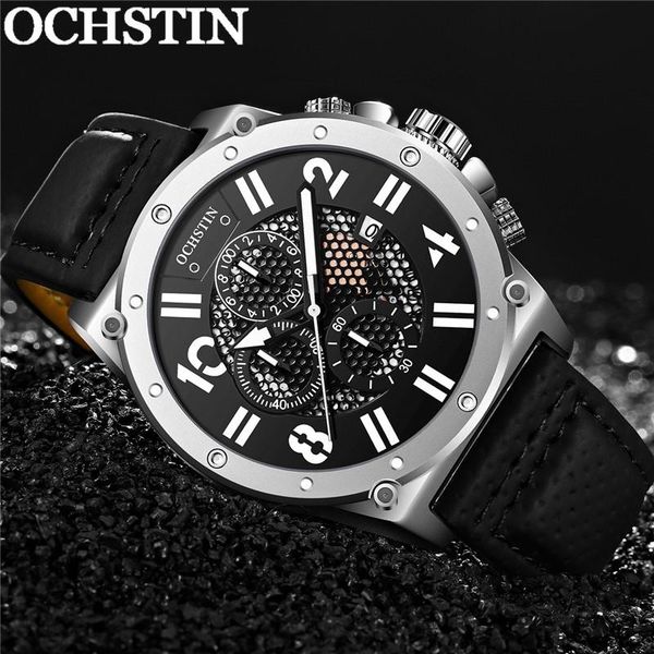 

wristwatches ochstin man wristwatch chronograph auto date sport men watch military black genuine leather male clock 6122, Slivery;brown