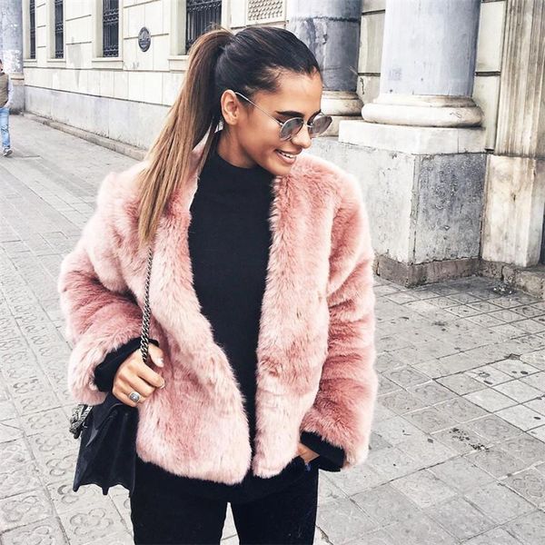 

Women's Fur & Faux Luxury Fluffy Coat Women Winter Collarless Long Sleeve V-neck Jackets Overcoat Wedding Cardigan Short 7ERX, Black