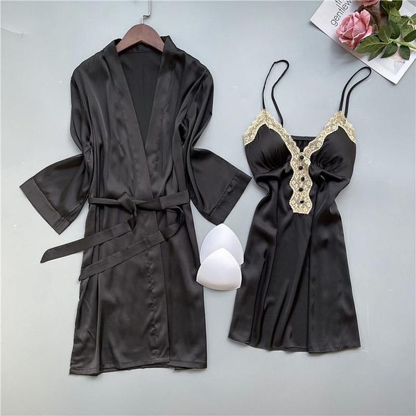 

summer female robe kimono gown black deep v-neck lace sleepwear nightgown loose silky satin home dress wedding women's, Black;red