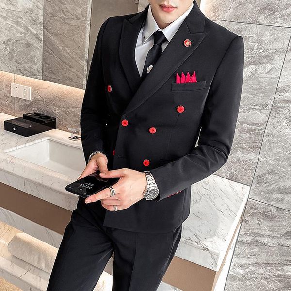

men's suits & blazers contrast button double breasted suit 3 pieces costume homme mariage luxe black white slim fit trajes de boda para, White;black