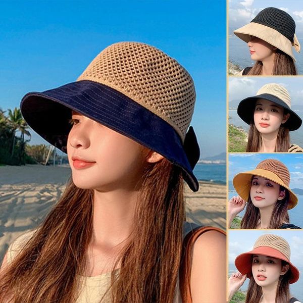 

wide brim hats women dome big beach hat summer foldable sun visor hepburn style panama straw cap ladies vacation 2021, Blue;gray