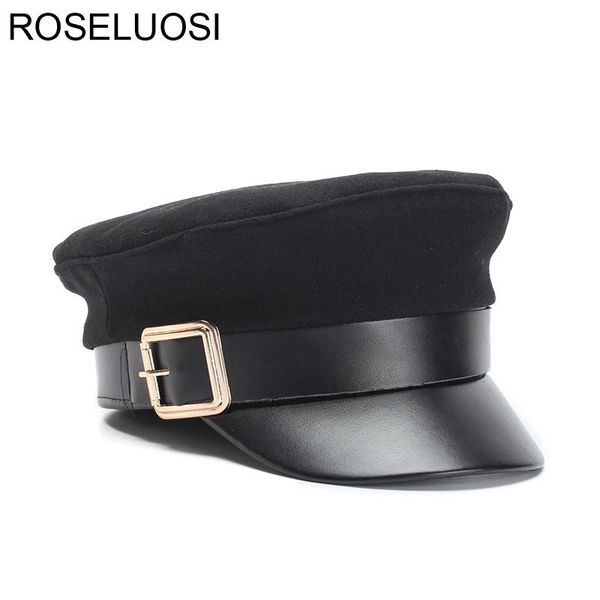 

berets roseluosi women black military hats autumn winter fashion wool pu leather patchwork sboy caps with belt female gorras, Blue;gray