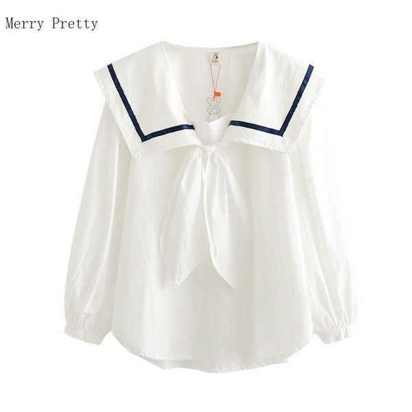 

cotton white blouses women summer vintage long sleeve sailor collar shirts korean fashion ladies preppy style tie 210526