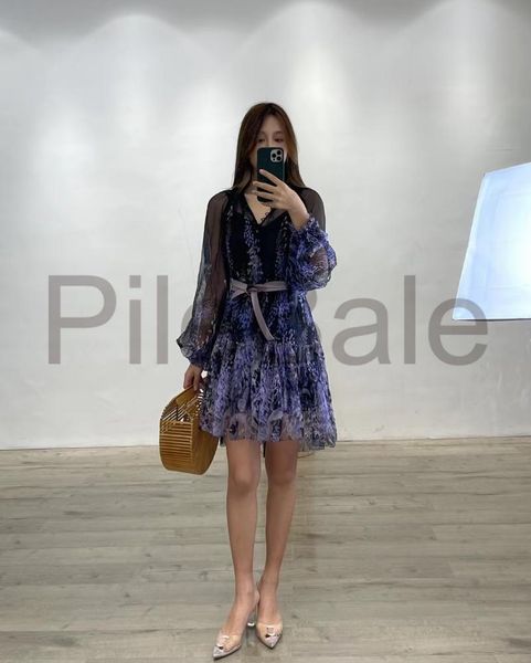 

casual dresses mujer silk festa vestido lady lantern sleeve purple flower print dress frill wedding party robe, Black;gray