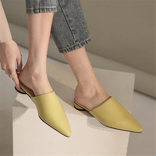 

slippers pxelena celebrity women genuine leather mules low heels slides female plus size 34-42 pointed toe summer outdoor lady, Black