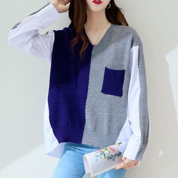 

women's blouses & shirts [ewq] korea 2021 autumn casual trend women v-neck contrast color fake two-piece stitching fashion pocket knitt, White