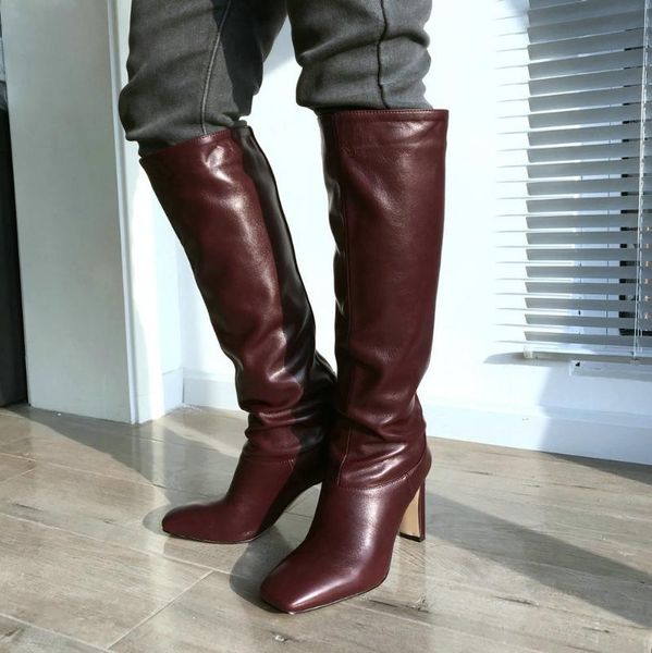 

boots band designer faux leather women knee high square toe long thin block heel black beige yellow green