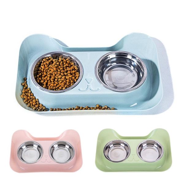 

cat head shape durable double stainless steel bowls with non-spill & non-skid design for pet and water elevated feeder feeders