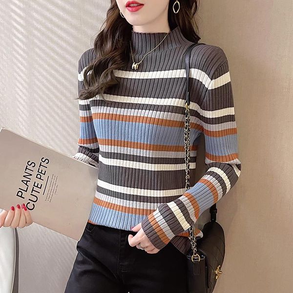 

women's sweaters base sweater striped knit half high neck slim long sleeve t-shirt pullover female women coat, White;black