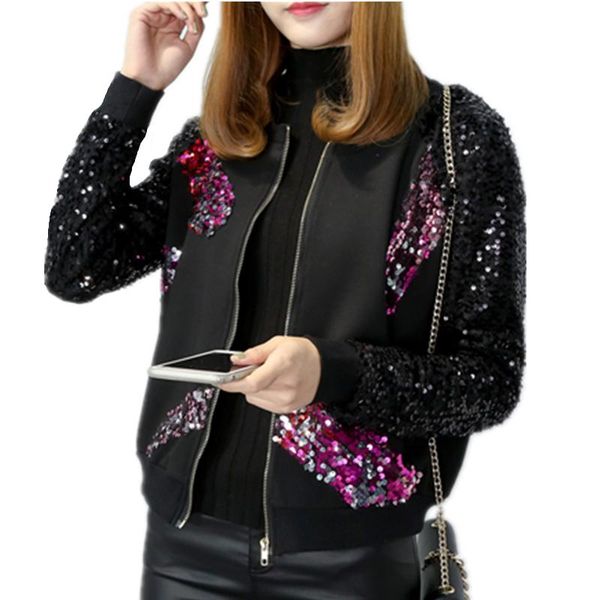 

women's jackets fashion sequin jacket coat autumn and winter heavy industry embroidery casual zipper baseball uniform 5xl, Black;brown