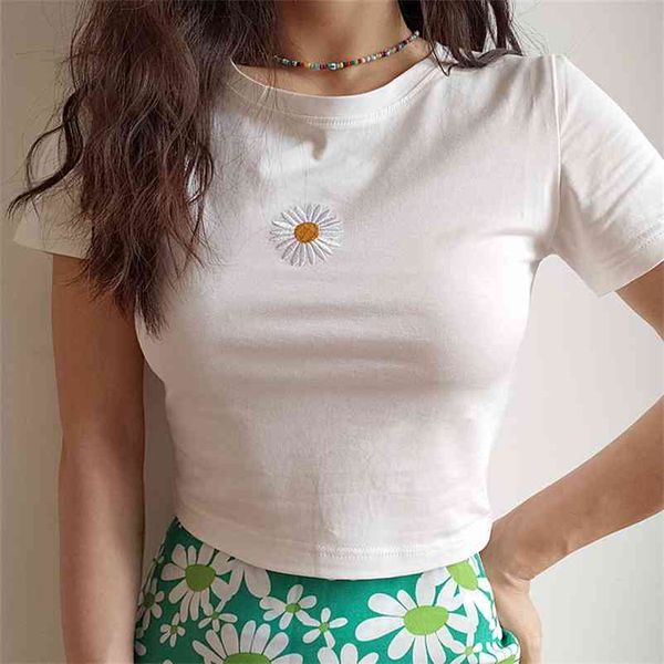 

women embroidery daisy fit crop tee short sleeved slim t-shirt 210401, White