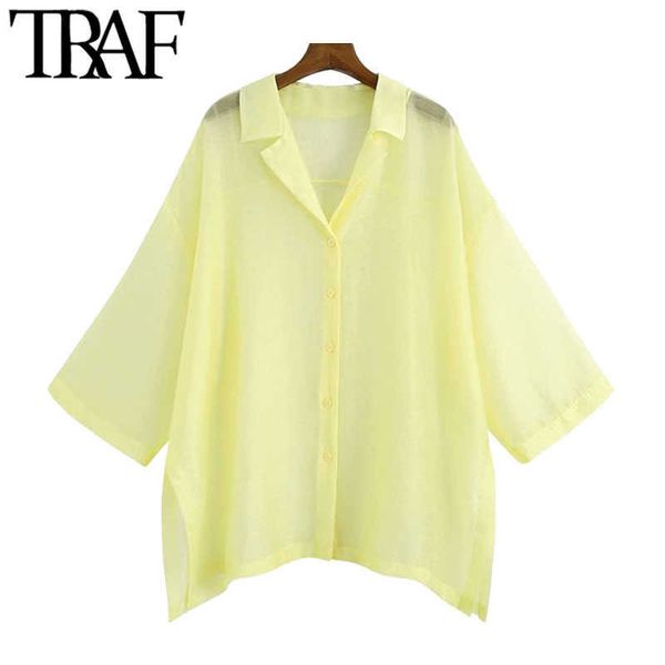 

traf women fashion see through organza loose blouses vintage side vents button-up female shirts chic 210721, White