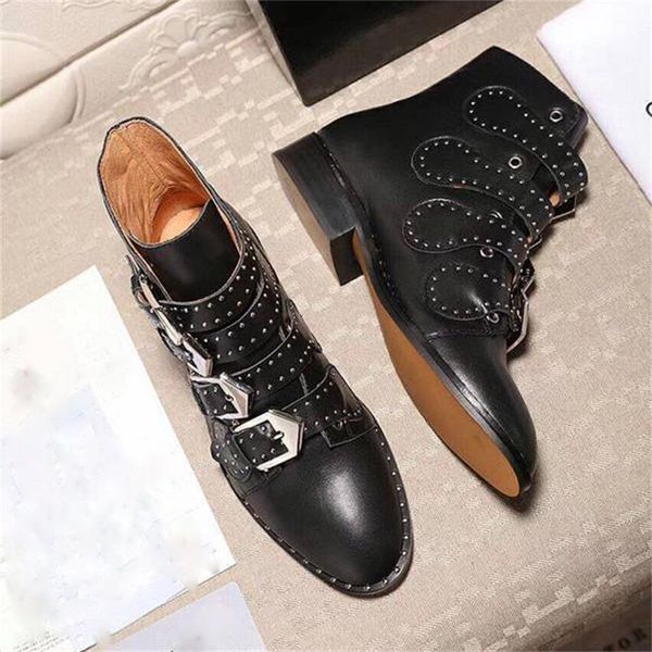 

boots winter women motorcycle genuine leather rivet round toe ladies shoes luxury designers botas mujer 2021, Black