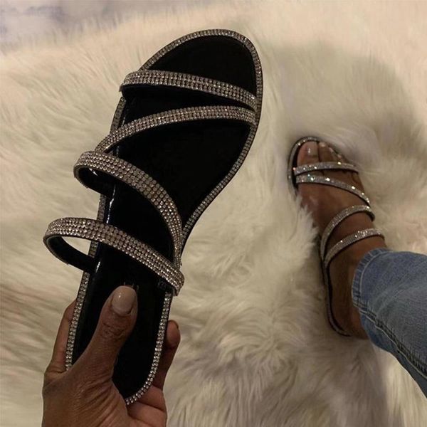 

slippers crystal women bling slides women's flat flip flops woman casual outdoor beach shoes female comforty summer 2021, Black