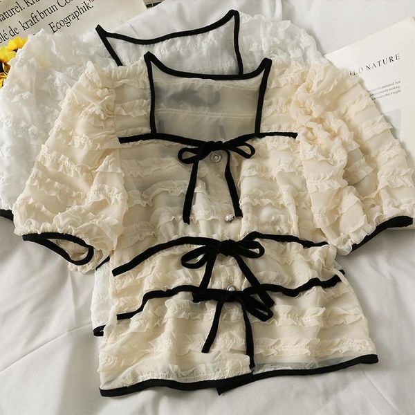 

women's blouses & shirts women fashion outdoor casual bandage bow short sleeve blouse ladies ol sweet girls student elegant daily basic, White