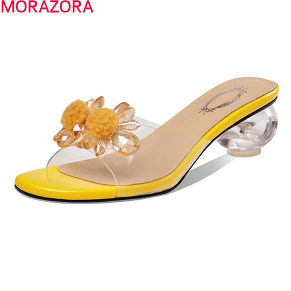 

morazora arrival women slippers med heels round toe ladies mules shoes fashion flowers black yellow party shoes 210506