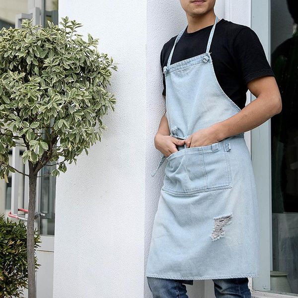 

denim hanging-neck apron sleeveless dust-proof overall for chef kitchen with pockets g10 aprons