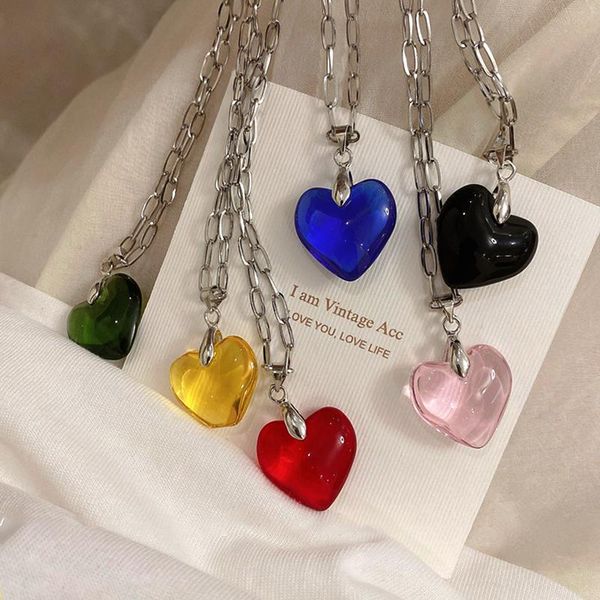 

pendant necklaces y2k jewelry candy color peach heart necklace for women cute vintage fashion harajuku charm 90s aesthetic gifts, Silver