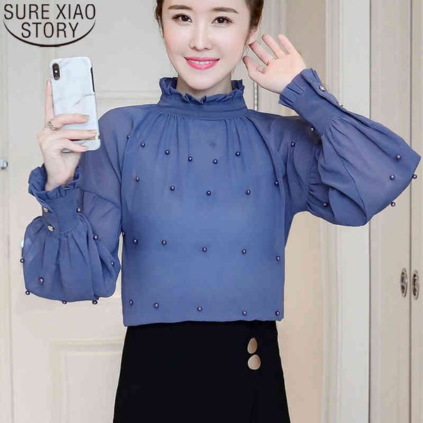 

long-sleeved blue fashion blouse bead chiffon shirts lace loose lantern sleeve women blouses 1641 50 210417, White