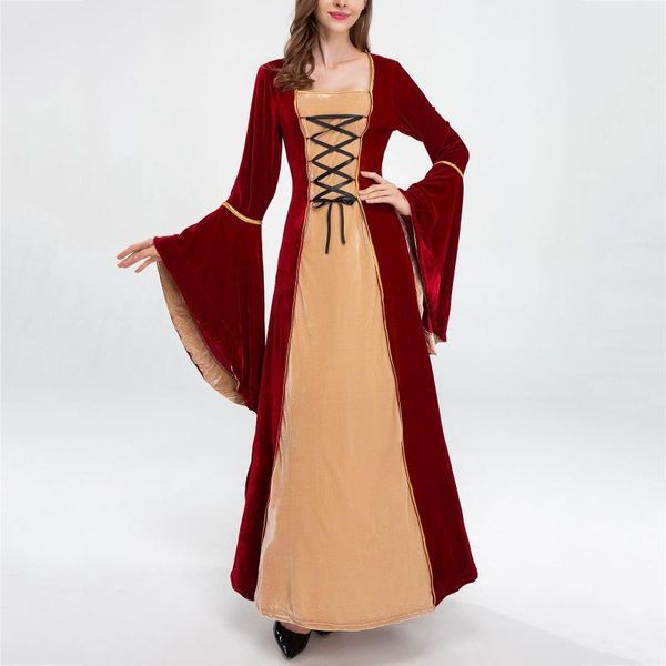

casual dresses medieval vintage long dress patchwork square colla lace up party costume cosplay women 2 piece magic witch, Black;gray