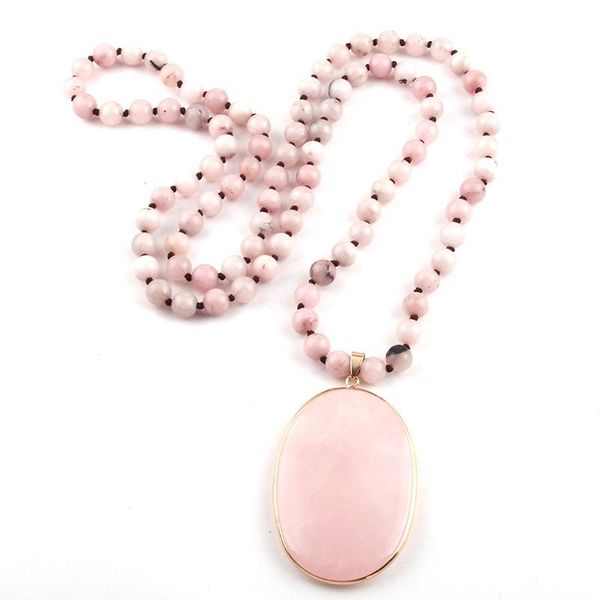 

pendant necklaces moodpc fashion bohemian jewelry 8mm pink stone long knotted drop for women, Silver
