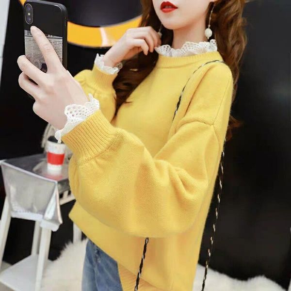 

lace pullover winter spring women sweaters stitching round neck loose fit warm base knitted sweet female flower, White;black