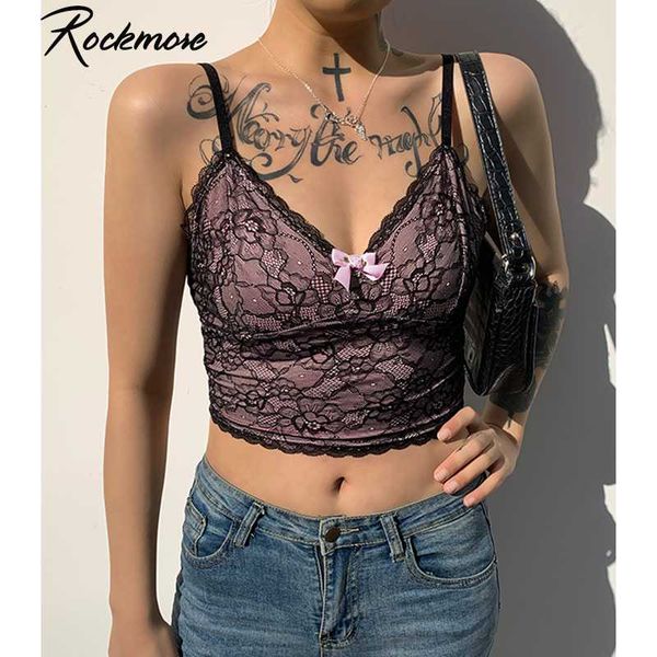 

rockmore y2k vintage lace cami women tank dark 90s aesthetic clothes v neck bow cute crop goth summer ladies 2021 women's tank, White