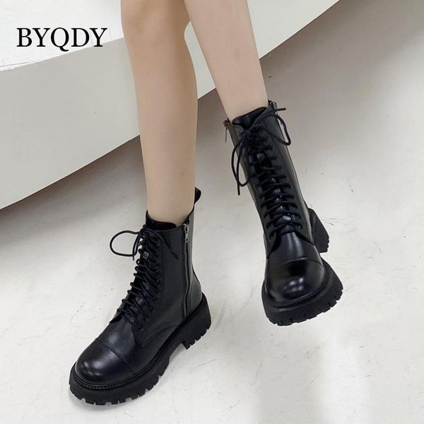 

boots byqdy autumn women motorcycle fashion platform pu leather high heels round toe cross-tied ladies winter shoes 35-39, Black