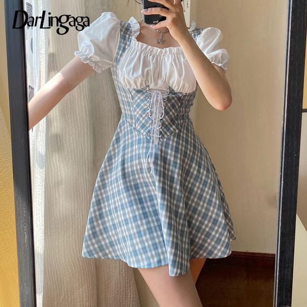 

casual dresses darlingaga korean fashion patchwork ruffles plaid dress female lace up corset ruched summer cute contrast color, Black;gray